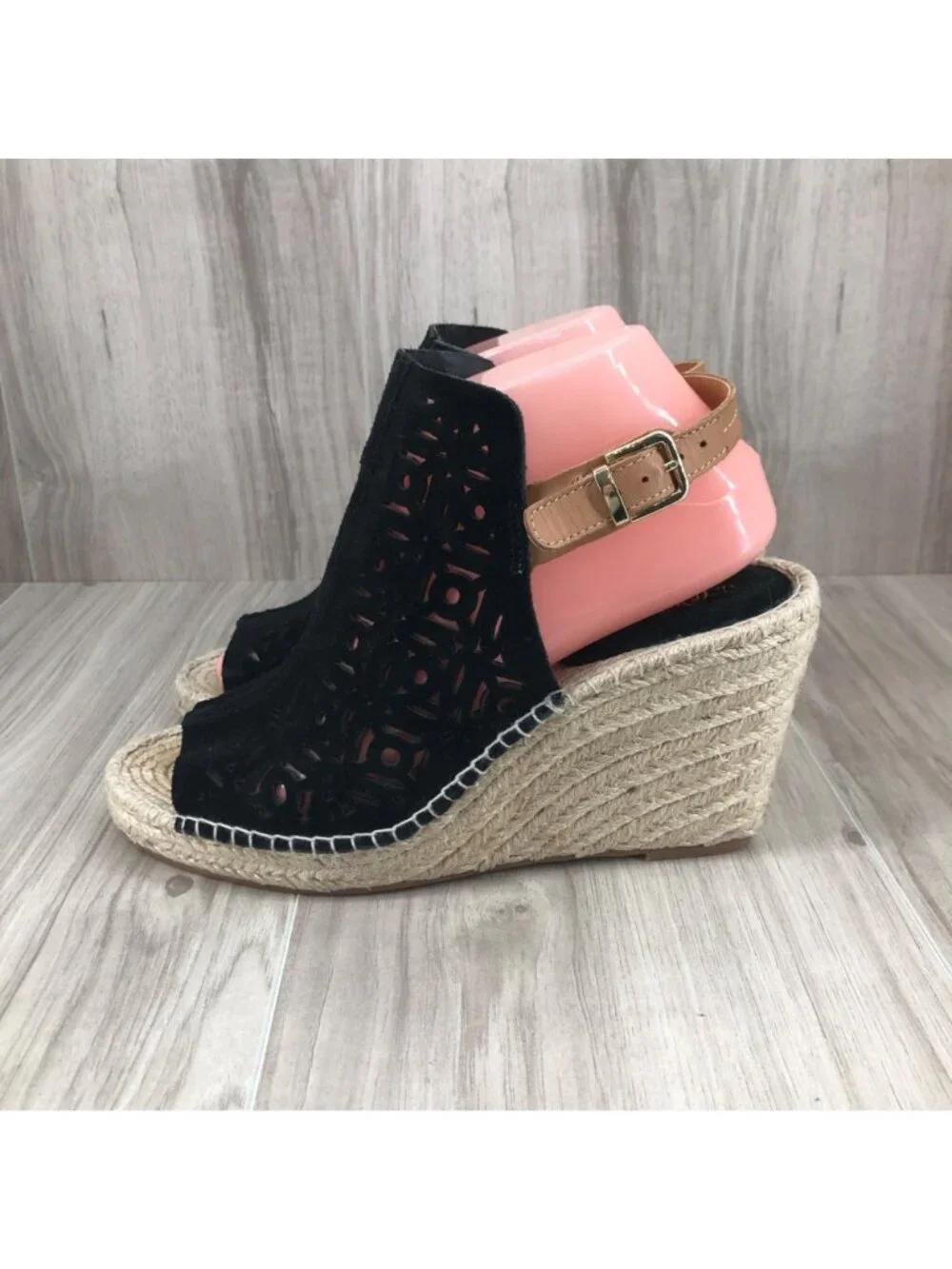 Seychelles Wedge Sandals Womens 8.5 Black Suede Buckle Stap Espadrille Shoes